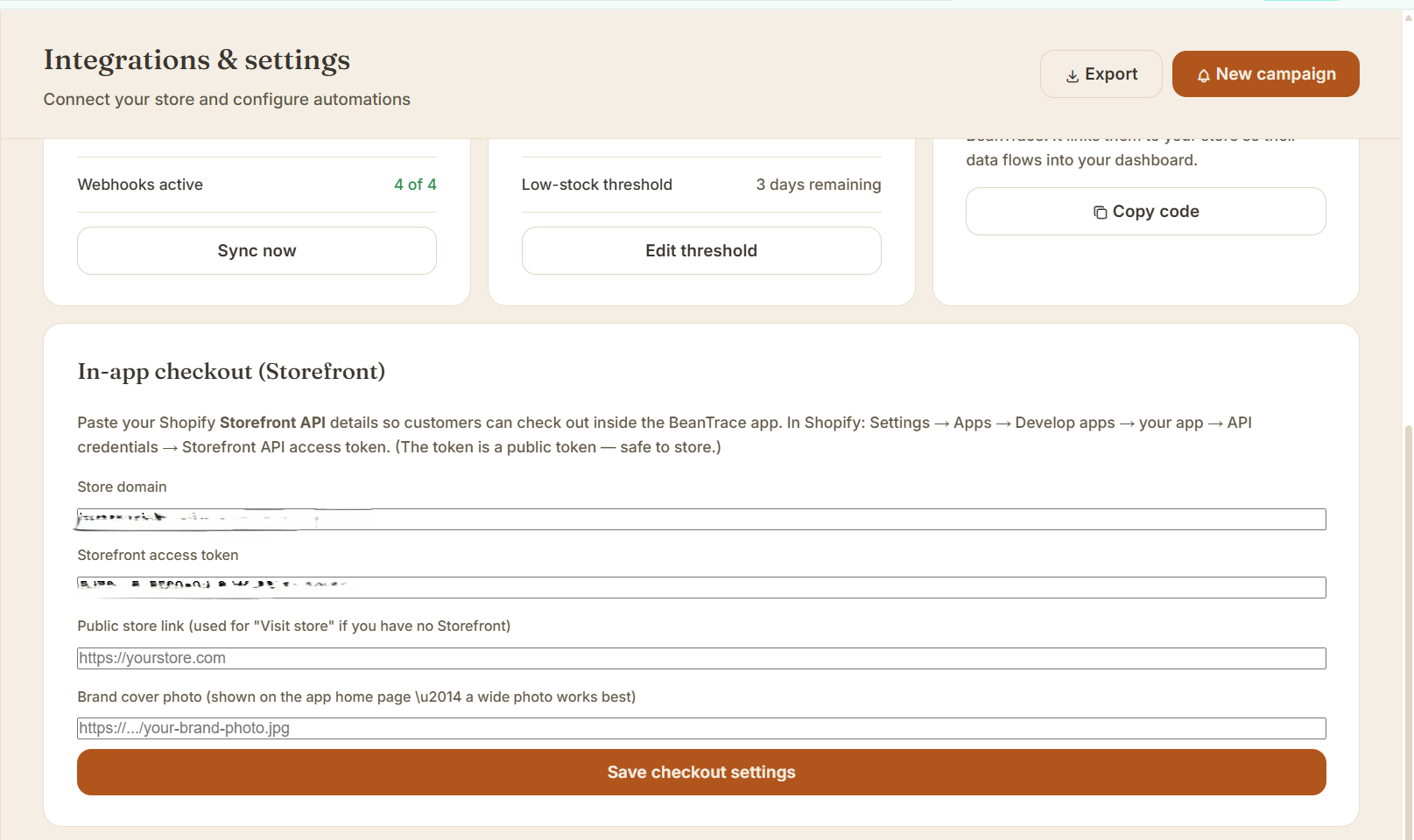In-app checkout settings