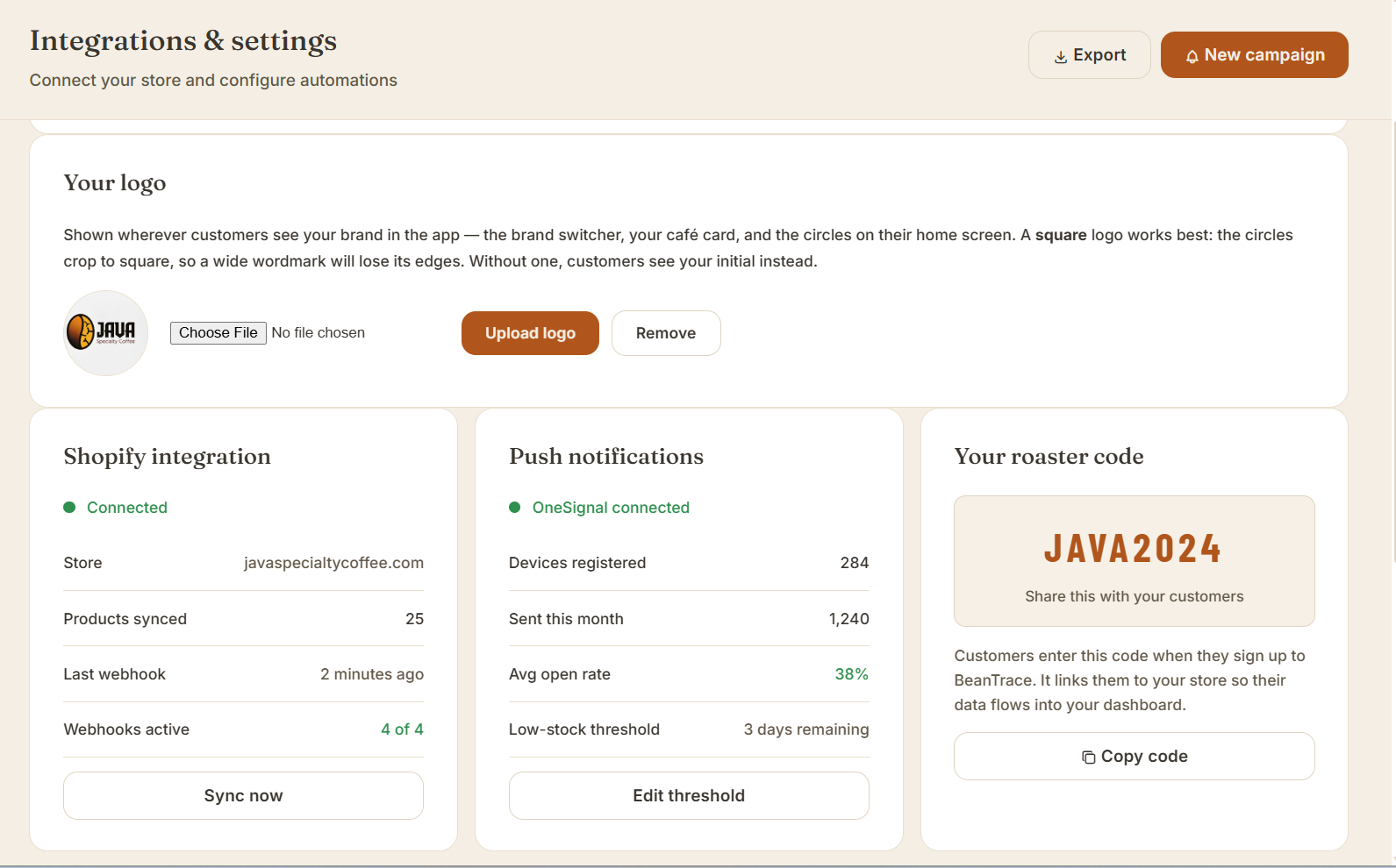 Integrations · Shopify connected, push notifications, and your roaster code