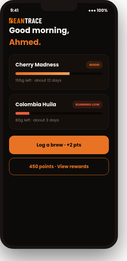 BeanTrace app — track your coffee stock