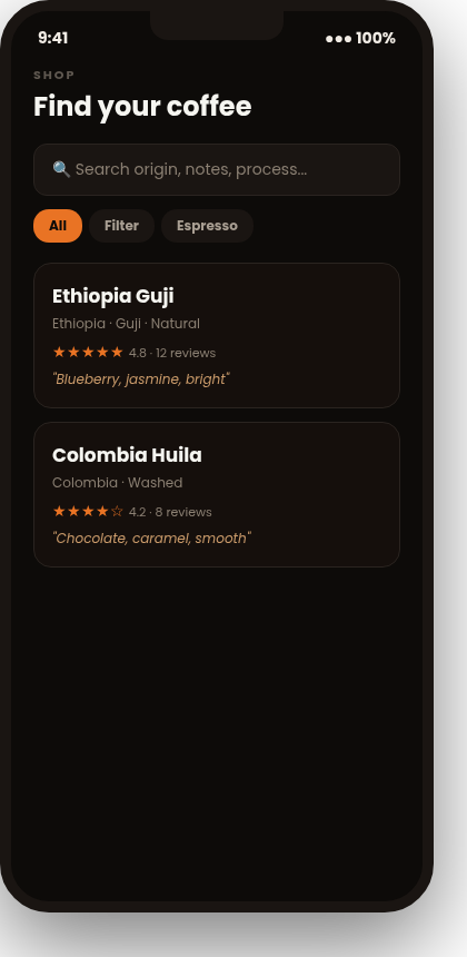 BeanTrace app — search and reviews